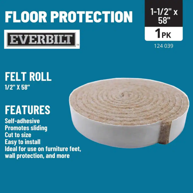 Everbilt - Roll Felt 1/2-in x 58-in - Beige - Self-Adhesive - Heavy-Duty - Floor Protection