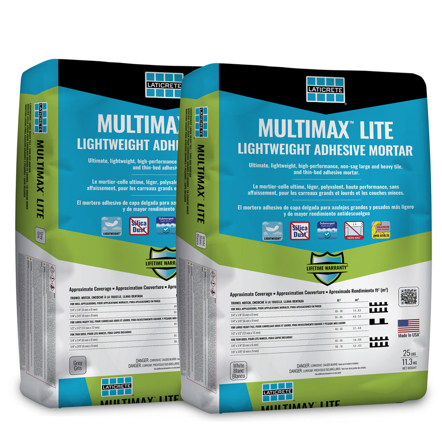 Laticrete MULTIMAX Lite lightweight large and heavy tile thinset mortar grey and white bags